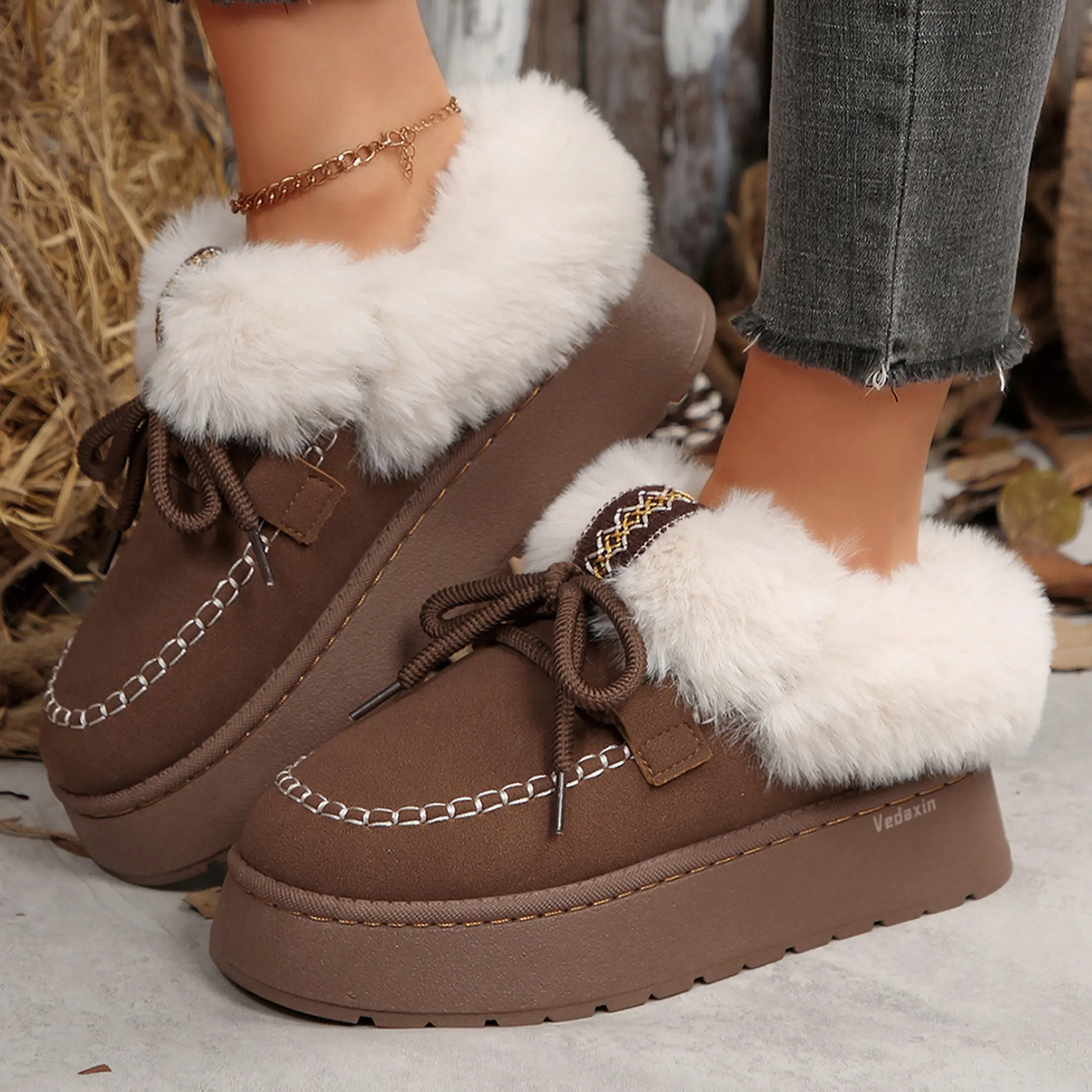 Ladies' Chunky Sole Suede Slippers Fuzzy Plush Collar Comfortable Mini Snow Boots Casual Footwear Indoor Outdoor Shoes