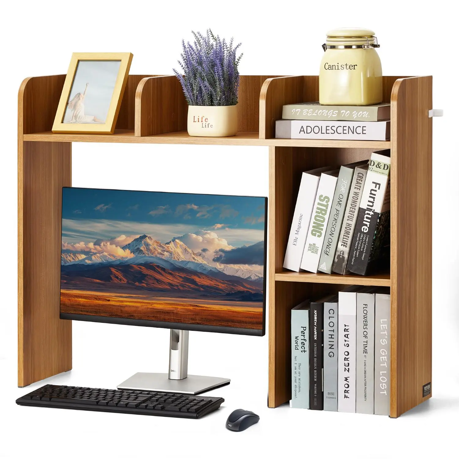 【summerfinds】VEVOR Desktop Bookshelf, 2-Tier Wood Desktop Storage Organizer, 37.2" x 9.5" x 28.9" Office Storage Rack Wood Display Shelf, Desktop Bookshelf Hutch with Anti-Slip Feet Pads, for Office, Home & Dorm