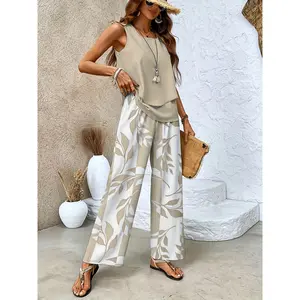 Elegant Summer Outfit Set Featuring a Solid Color Sleeveless Tank Top with Plant Prints And Matching Pants Women's Lounge women 2 piece sets Oversized Skirt satin Striped Crew Neck Sweatshirt Backless Yoga Bra Hip Lifting Shorts Long Sleeve casual crop