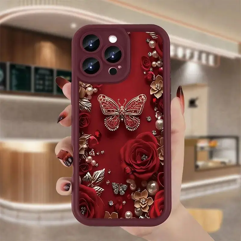 Floral Rose Print Red Flexible TPU Handheld Phone Case Shockproof Protective Casing Cover for iPhone 18 17 16 15 14 13 12 11 Plus Pro Max Ideal Holiday New Year Gift,Animal Design phone screen protectors