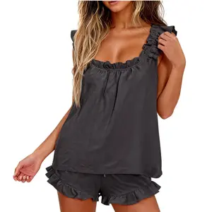 Women’s Pajama Set – Ruffle Trim Sleeveless Top and Shorts Casual Sleepwear Set with Loose Fit Breathable Fabric, Pajamas for Women, Cozy Home & Family Loungewear, Short Loungewear PJs, Bridal Pajama, Regular Wear, All-Season Fashion, Stylish Gift