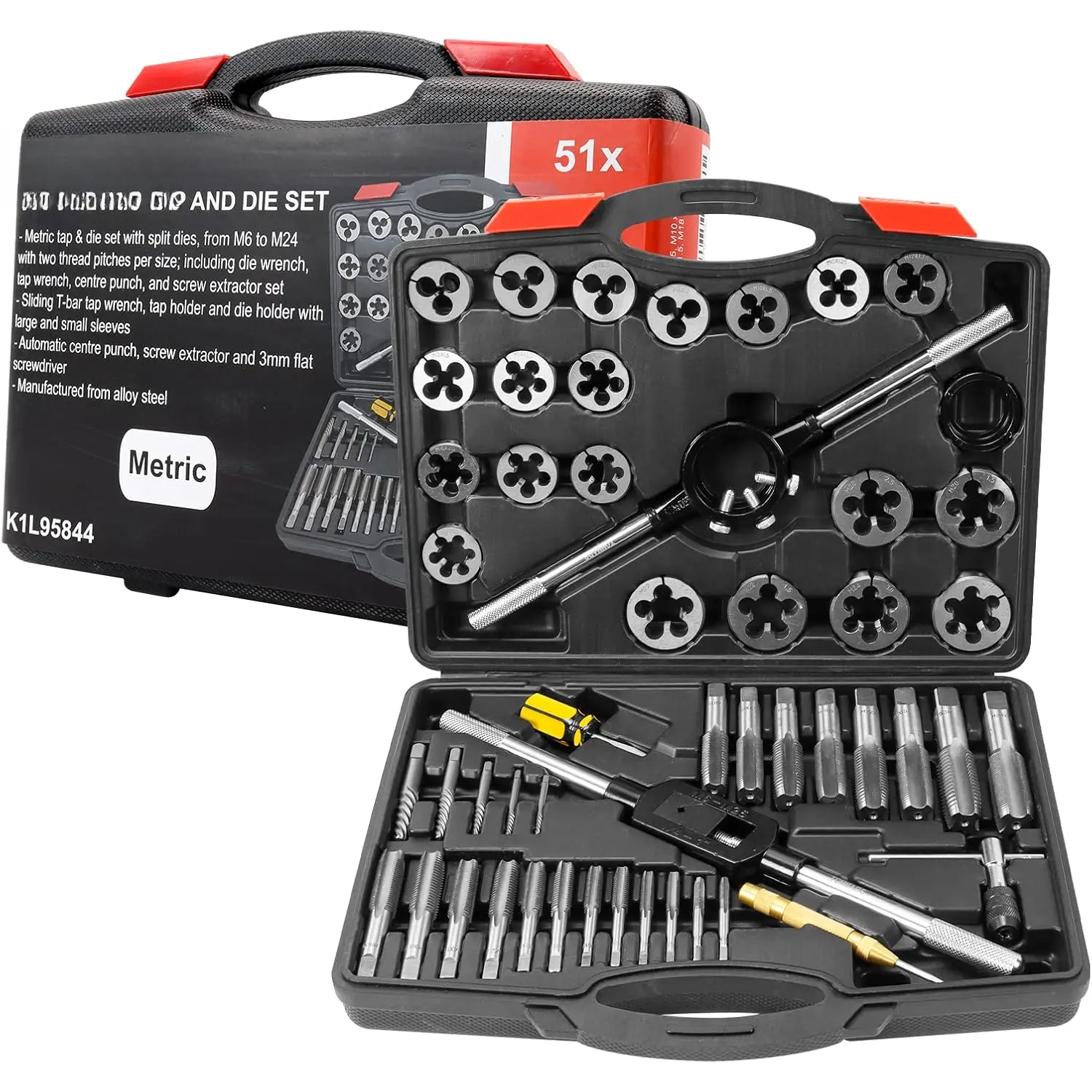 51-Pc Metric Hardened Polished Precision-Ground Alloy Steel & Carbon Steel Tap and Die Set (M6-M24, 3mm Flat, Centre Punch) for Efficient Clean Internal & External Threading, Rethreading Taps & Dies