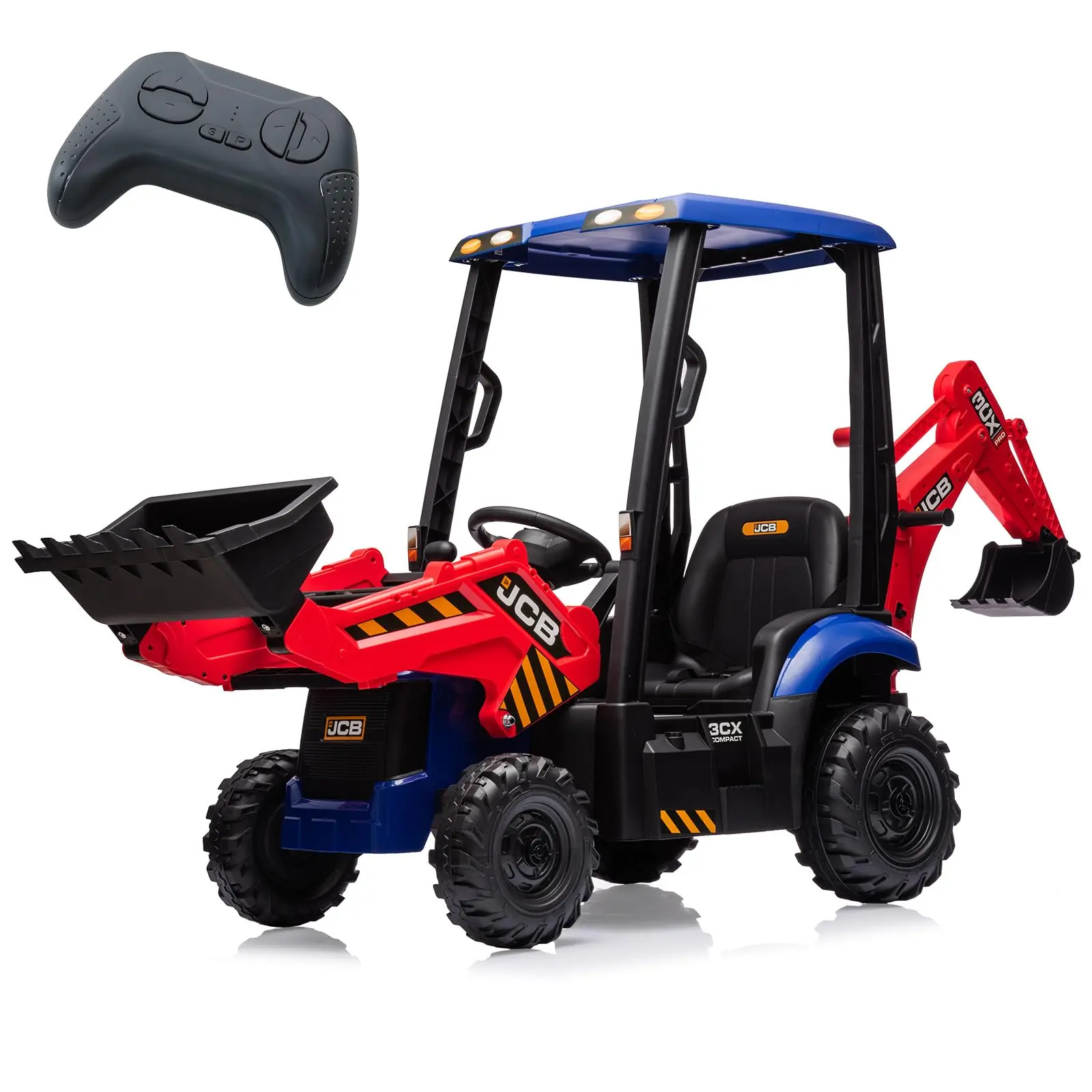 4-in-1 Transformable JCB Ride-on Excavator for Kids, 12v Remote Control Toy with Front Loader & Digger Functions,Kids Outdoor Toy Car, Engineering Truck Red&Blue