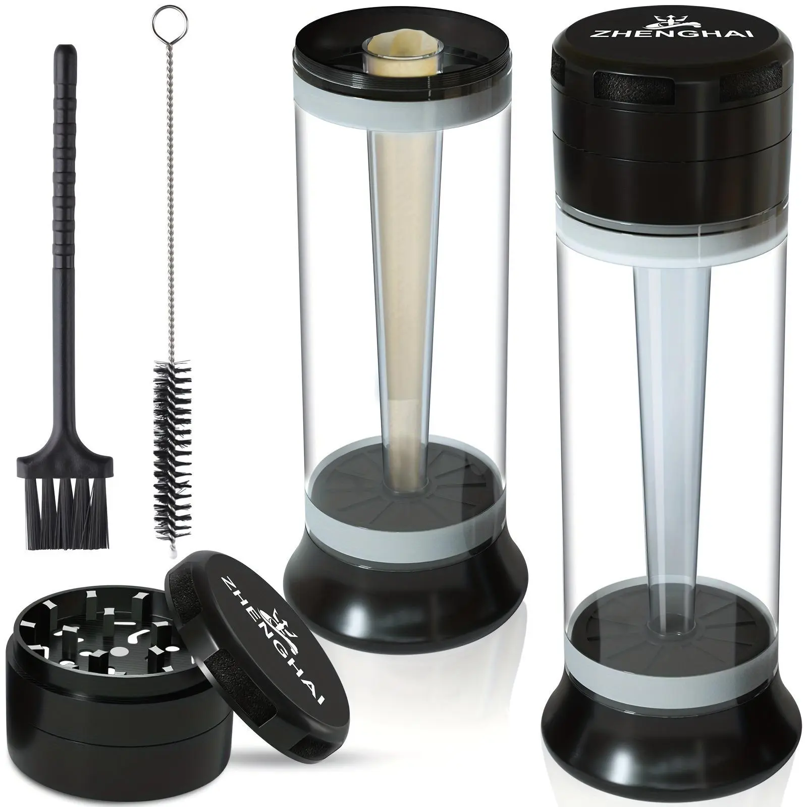 3-In-1 Zinc Alloy Spice Grinder, Pre-Rolled Cone Loader Machines. 6-Hole Storage Cone Loader Rolling Machine. Grinding, Filling, Storage All-In-One with Cleaning Brush