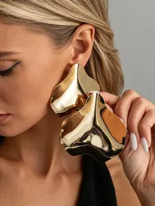 14k Irregular Wave Statement Earrings, Large Abstract Metal Dangle Ear Jewelry for Women, Bold Fashion Accessory