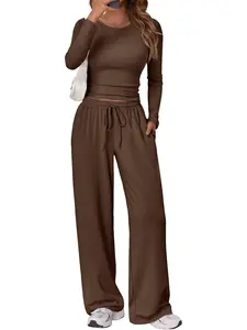 2026 New European and American Cross-Border Fashion Casual Set for Women, Sports Yoga, Yoga Suit Set, Autumn and Winter, Solid Color, Round Neck, Long Sleeve