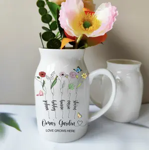 Personalized Birth Flower Flower Vase, Gifts for Mom, Grandma's Garden Flower Vase, Custom Grandkid Name Vase, Birthflower Ceramic Vase Decor Curve Plant