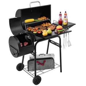 Royal Gourmet Barrel Charcoal Grill with Offset Smoker, 552 Sq, Steel Front Shelf, Steel Side Shelf with Hooks, Mesh Bottom Shelf, Blow-Molded Wheels, for Outdoor Grilling and Backyard Cooking, Black				