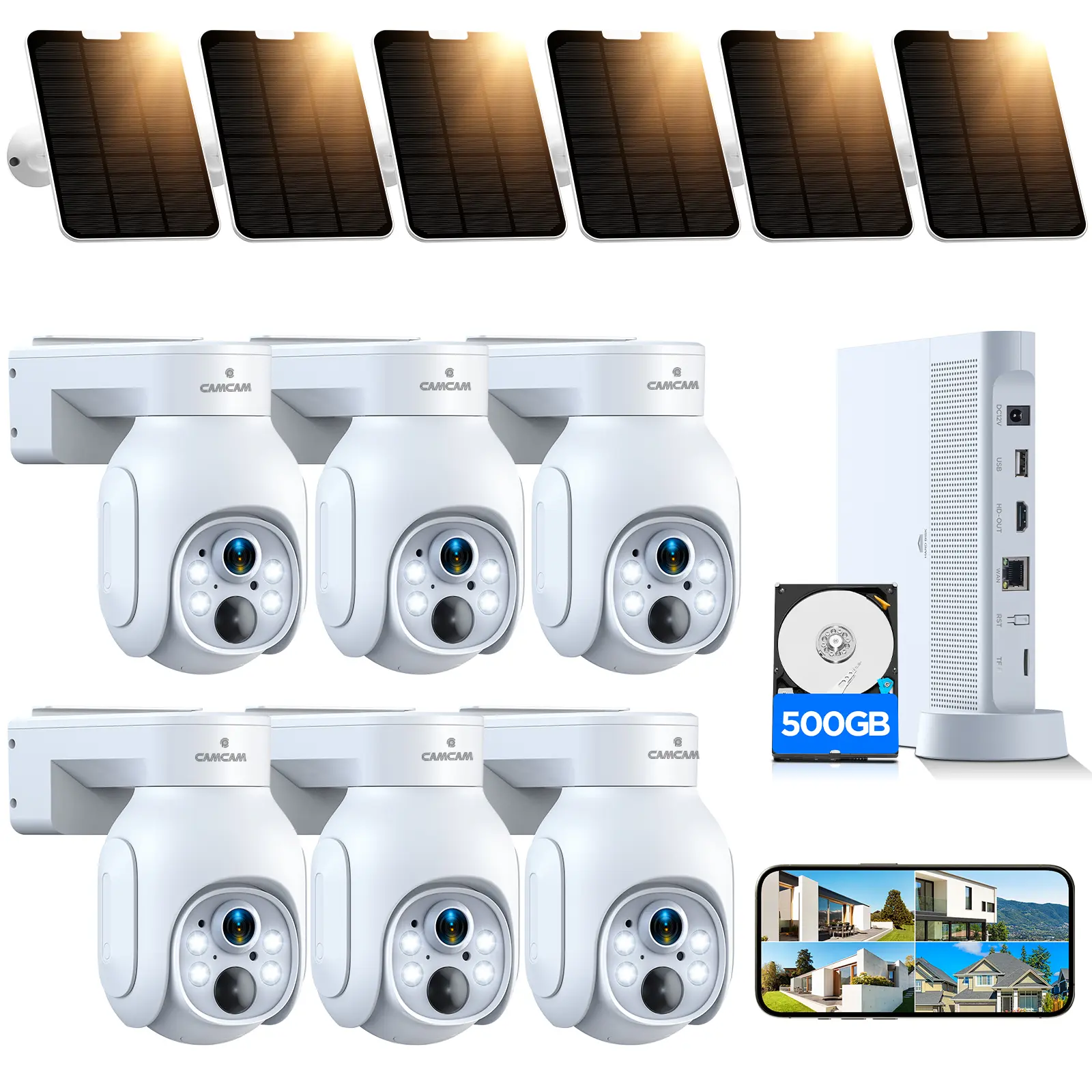 Camcamp Wireless Rechargeable Solar-Powered PTZ Security Camera System - 4MP 6-Cam Kit with 500GB HDD NVR, Silicon Build, Easy Installation, Color Night Vision, 2-Way Audio, 2.4G & 5G WiFi for Home Outdoor Monitoring & Surveillance