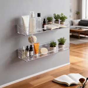 Clear Acrylic Floating Shelves No Drill, Adhesive Wall Shelf Organizer for Bathroom & Shower, Small Space Storage for Apartment, Kitchen & Room Decor