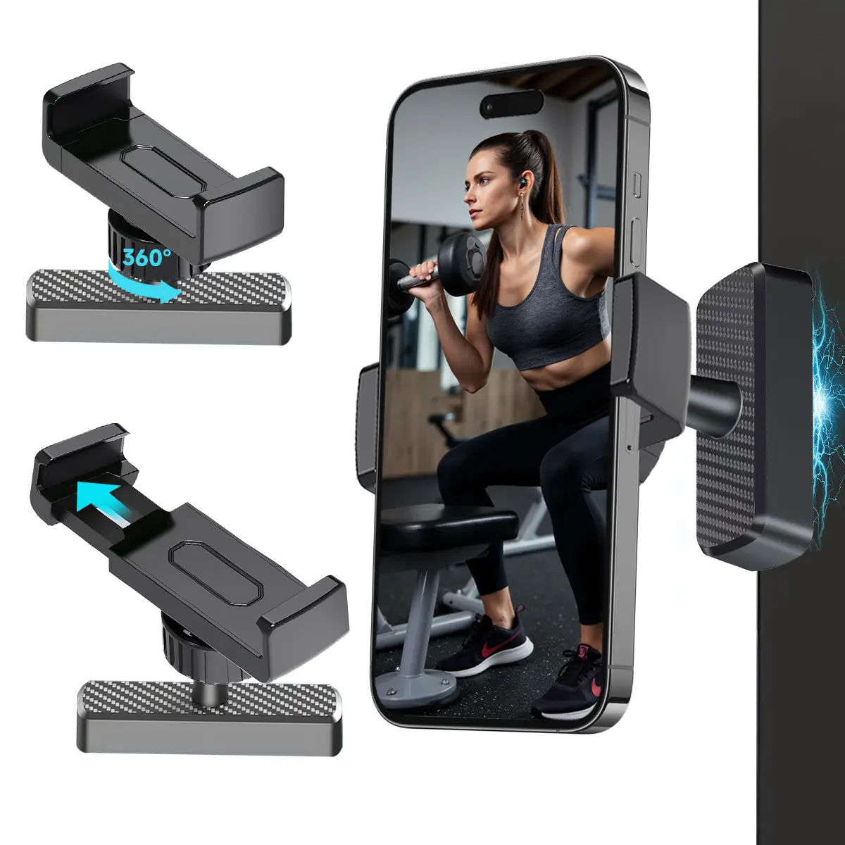 Caurfa Magnetic Phone Holder for Gym, 360 Degree Adjustable, Portable Gym Magnetic Phone Holder for Workout Recording, Fitness Accessories Essentials, Perfect Gift for Men & Women, Thanksgiving and Christmas gifts