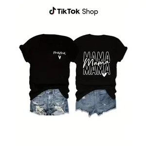 Ladies' Fashion "Mama" T-Shirt, Perfect Mother'S Day Gift And Casual Wear, 180G Double-Sided Printed T-Shirt with Round Neck And Short Sleeves,High-Quality Leisure Sports, Fashionable Single Piece Soft Casual Everyday Gym Shirt | Unisex for Men & Women