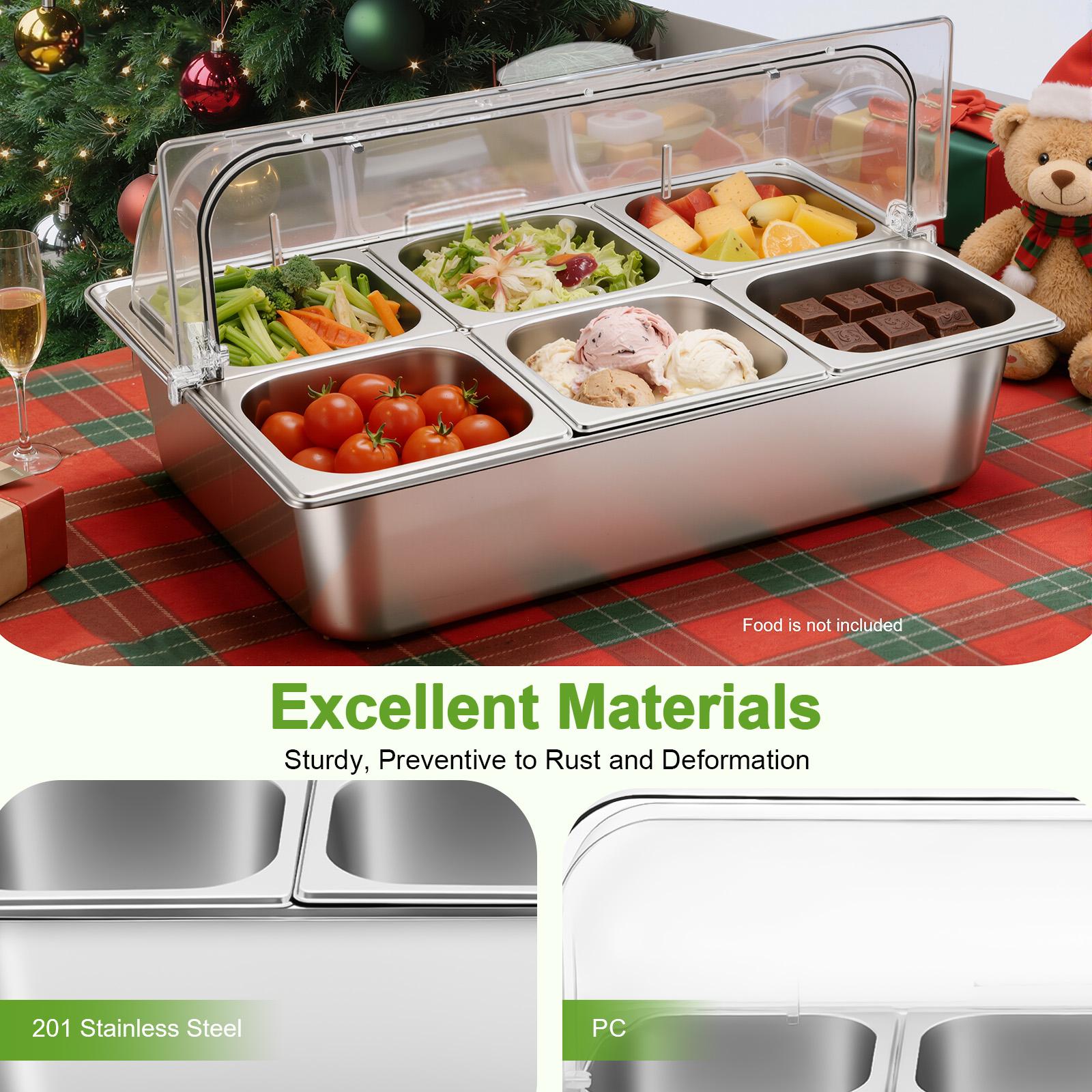 2 Pack 6 Compartment Food Serving Tray with Lid Spoons Tongs Ice Bags for Fruit Vegetable Snack Dessert Picnic Buffet Party