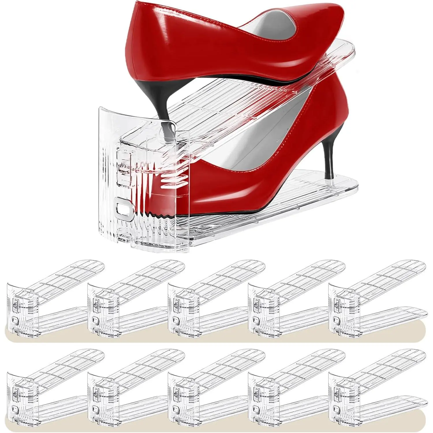 Shoe Slots Organizer 10 Pack - Shoe Stackers,3 Levels Adjustable,Space Savers 50%,Double Layer Holders for Closet (Transparent),Organizador de Zapatos