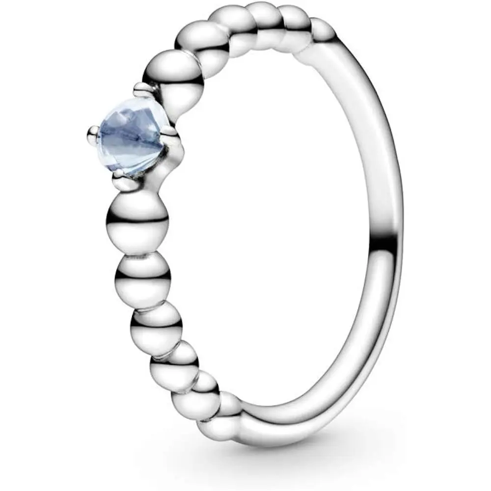 Feminine PANDORA March Aqua Blue Beaded Silver Ring, 198867C01-56, Classic