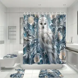 Elegant snowy owl and floral bathroom partition curtain, home decor, modern home curtain decoration housewarming gift, shower curtain with toilet mat and bathroom mat 4-piece set, bathroom supplies, shower curtain set with 12 curtain hooks included