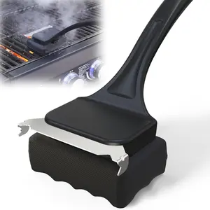 Grill Brush for Outdoor Grill, Steam Grill Cleaner Bristle Free with Scraper, Replaceable Cleaning Head & Heat-Resistant Handle, Grilling Gift for Dad, Men - Black