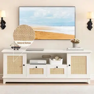 TV Stand Rattan Entertainment Center for 65 Inch TV Modern TV Console Table White Low TV Stand with Storage, Doors and Shelves, TV Console Media Cabinet Furniture for Living