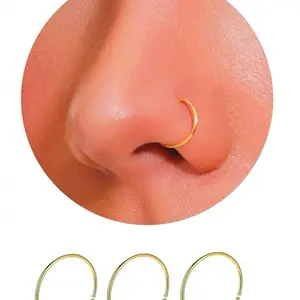 14K Gold Plated 3Pcs Nose Rings Hoops for Women & Men, 22 Gauge 8mm Small Thin Piercing Jewelry with Tiny Septum Cartilage Helix