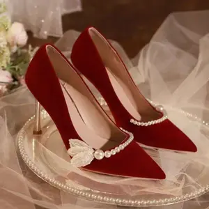 Women's Formal Stylish Fashion Red Pointed-Toe Heeled Shoes - Classy, Rubber-Soled, Decor-Accented Footwear
