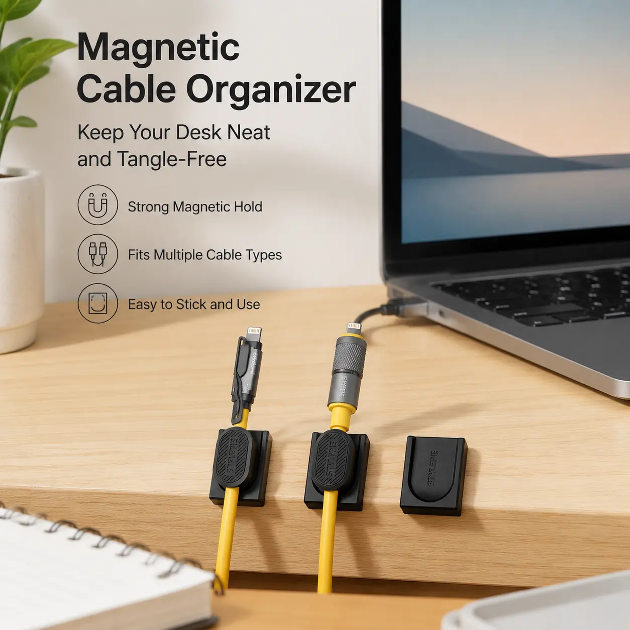 3-Count Magnetic Cord Organizer with Strong Adhesive Backing, Strong Hold Indoor Holder for Home & Office Desk, Manages Multiple Cables, 3 Counts, Magnetic Cable Organizer