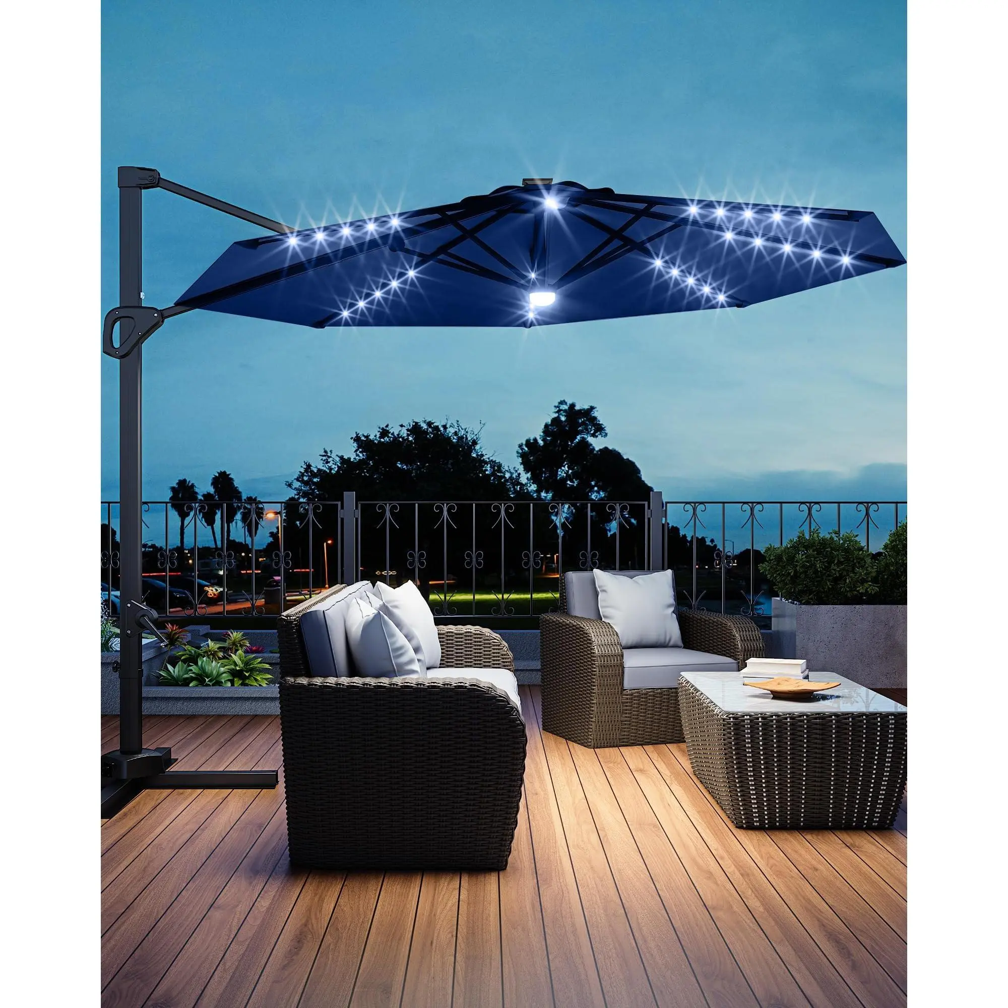 Garvee 10FT Outdoor Cantilever Patio Umbrella - Solar LED Lights, 360-Degree Rotation, Easy Tilt, Waterproof Polyester Canopy, Windproof, Fade Resistant Parasols, Deck Shade Solutions, Canopies & Shade for Garden, Pool, Fade Resistant Parasols, Canopies &