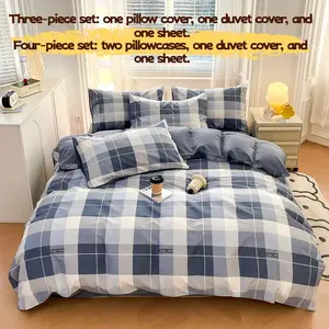 3pcs/4pcs Simple Checkered Stripe Bedding Set for Home, Student Dorm Room Essentials, Includes Pillowcase, Bed Sheet, Comforter, All-Season Usable