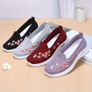 Women's Slip-On Knit Sneakers with Floral Embroidery - Breathable Fabric Upper & PU Sole, Round Toe Comfort for Casual Walking, Running, Commuting - Spring Season Easy On/Off Design (Black/Gray/Red/Lavender), Ladies Sneakers, Running Shoes, Elegant Shoe D