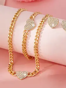 Heart-Shaped Rhinestone Cuban Chain Four-Piece Set, High-Quality Alloy, Unique Style, Women's Valentine's Day Gift, Luxurious and Elegant