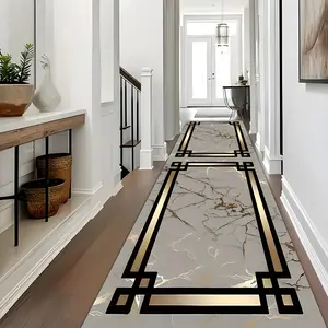 Luxury Gold Marble Print Hallway Carpet, Flannel Mat, Textured Design for Runners, Corridor, Bedroom, Balcony, Modern Indoor Rug