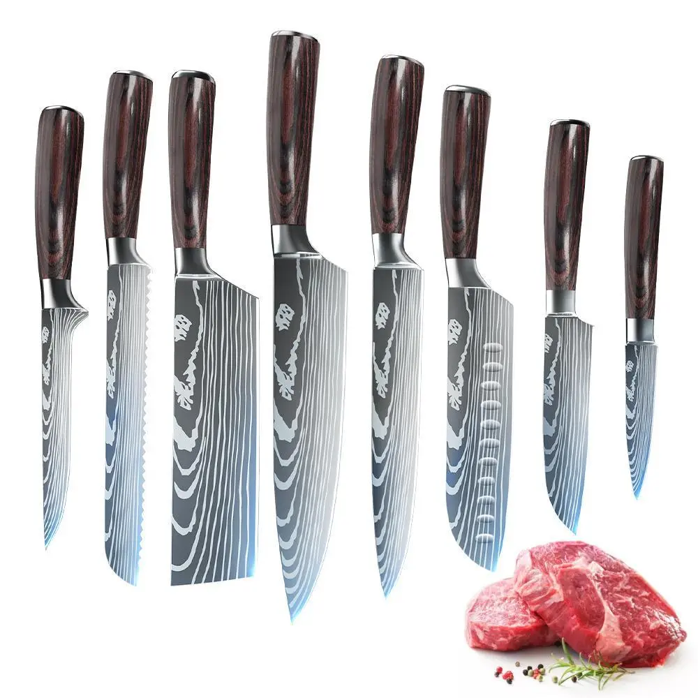 【Summerfinds】8Pcs Japanese Damascus Pattern Stainless Steel Kitchen Knife Set with Wooden Handle, Cleaver, Knife Block, Professional Cooking Gift