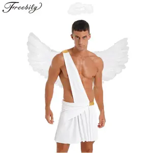 Men Angel Costume Halloween Cosplay Outfits 3 Piece Angel Swings Headband And Skirts Set God of Love Cupid Fancy Dress