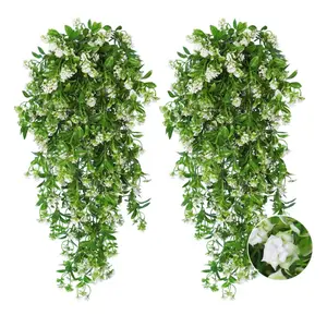 2Pcs Artificial Fake Hanging Flowers Plants for Outdoor Spring Summer Decoration, Faux Silk Violet UV Resistant Look Real Trailing Vines for Outside Home Planter Porch Patio(White) - Home Improvement.