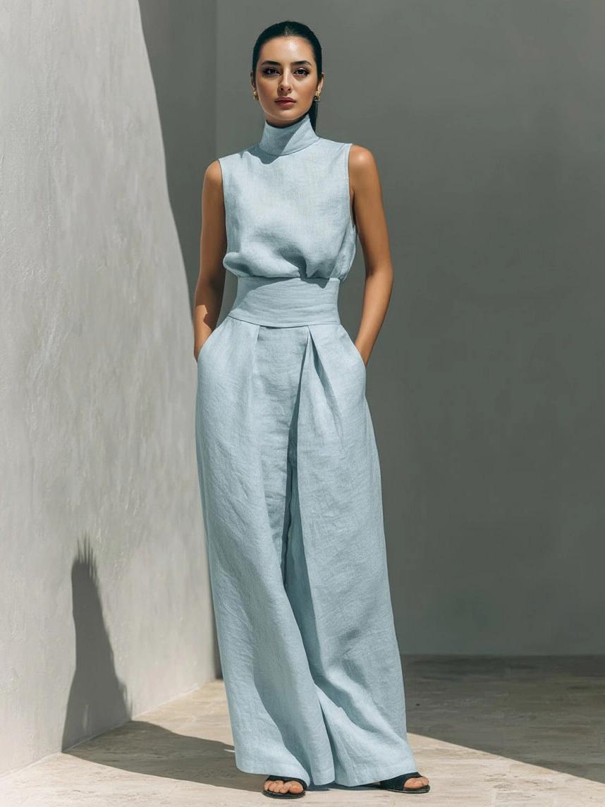 LikeMyChoice 2-Piece Elegant Linen-Blend Set Chic Mock Neck Halter Top & High-Waisted Wide-Leg Pants | Trendy Old Money Aesthetic Outfit for Summer Vacation & Office