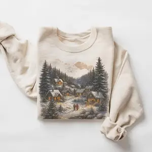 Gildan Retro Christmas Winter Village Sweatshirt, 90s Vintage Mountain Pine Trees Cabins Crewneck, Boho Unisex Holiday Sweater, Cozy Winter Outfit