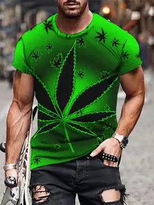 Men's Gradient Weed Leaf Music T-Shirt, Colorful Cannabis Leaf & Note Graphic, Trippy Streetwear Style, Casual Daily Outings Essential