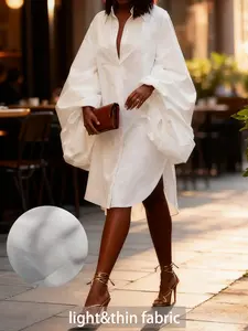 Women's Plain Puff Sleeve Button Front Shirt Dress, Casual High Low Collared Midi Dress for Summer, Ladies Clothes for Daily Wear, Casual Dresses
