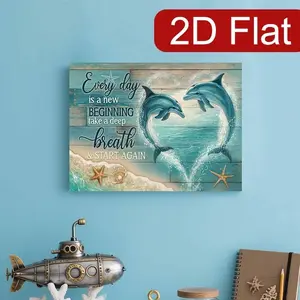 2D canvas painting, 1 piece wooden framed heart-shaped dolphin wall art, with inspirational quote "Every day is a new beginning," featuring starfish and shells - ocean-themed vertical hanging decoration, suitable for bedroom, office, cafe, Christmas and w