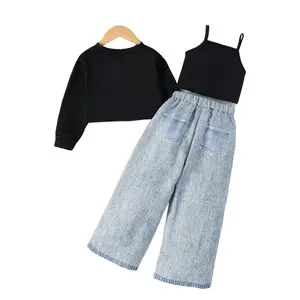 3pcs/Set Young Girl' Fashion Long Sleeve Pullover, Camisole, And Denim Like Print Pants Set, Autumn/Spring