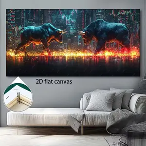 Bear and Bull Financial Clash Wall Decor - Modern abstract canvas painting with wooden frame, ready to hang immediately. Retro/modern oil painting style. Suitable for living room and office - ideal decoration for trader and financial-themed spaces.