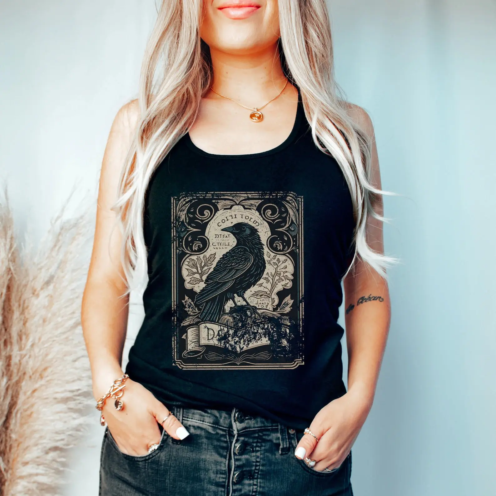 Tarot Card Raven Shirt, Occult Mythical Tank Top, Vintage Muscle Top, Gothic mystical Crow Witchy Dark Academia Clothing