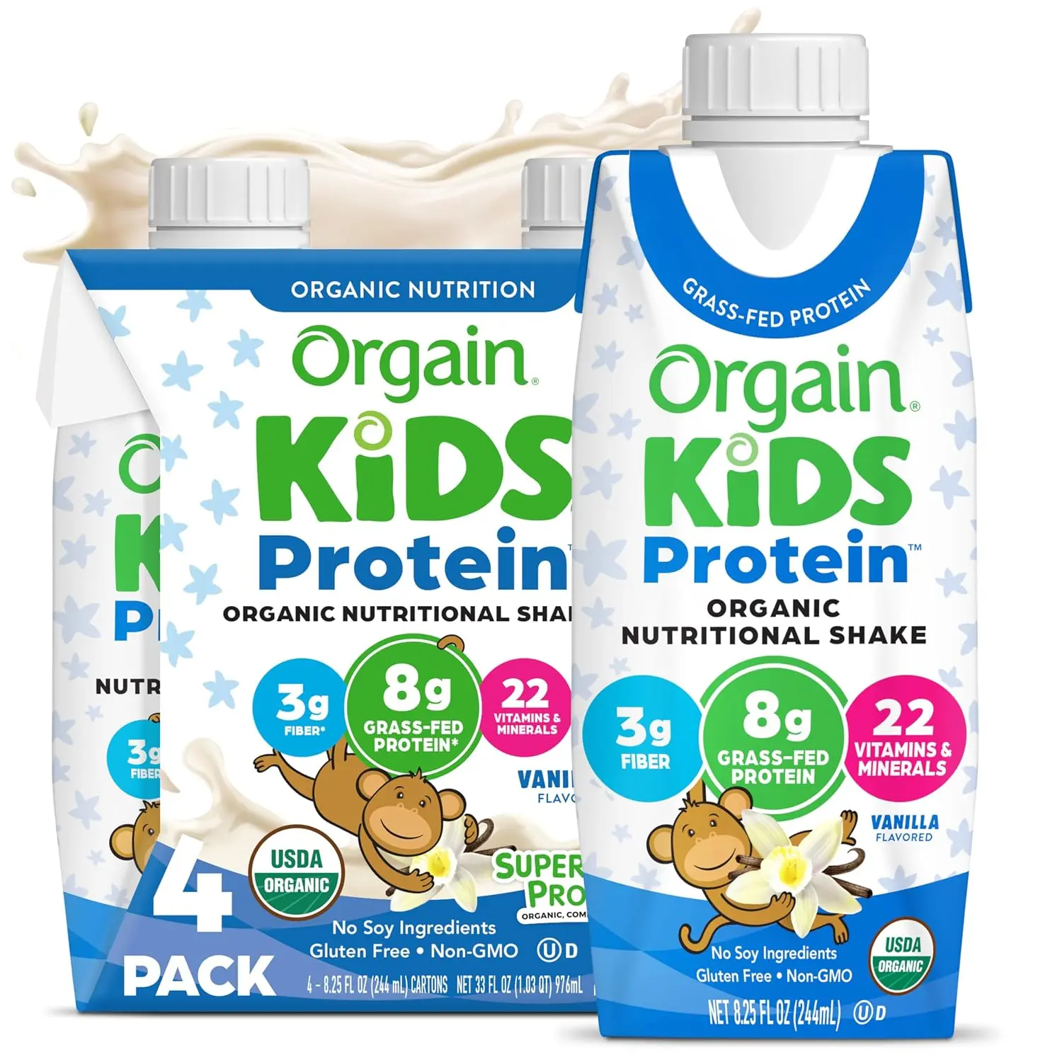 Orgain Organic Kids Protein Nutritional Shake, Chocolate - 8g of Protein, 22 Vitamins & Minerals, Fruits & Vegetables, Gluten Free, Soy Free, Non-GMO, 8.25 Fl Oz (Pack of 4)