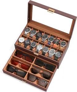 Watch Case Box for Men – 14 Slots Watch Display Organizer with 6-Compartment Eyeglasses Storage, Real Glass Lid 2-Layer PU Leather Collection Holder Gift for Loved Ones Brown