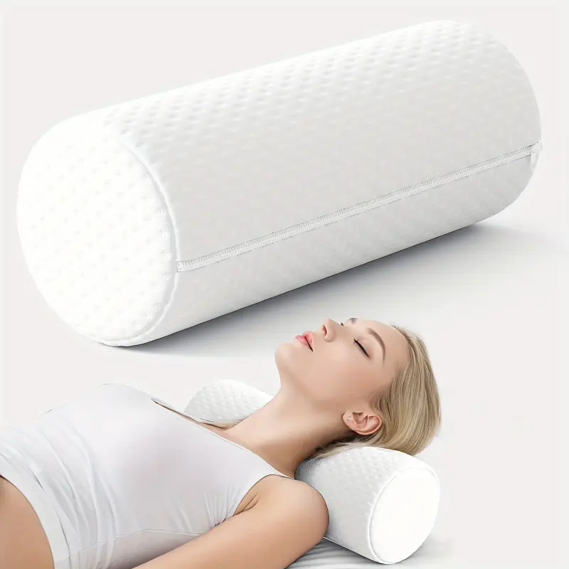 Round Memory Foam Cervical Roll Pillow with Removable Polyester Cover, Machine Washable - Ergonomic Design for Sleep Support, Spinal Care (Home Supplies)