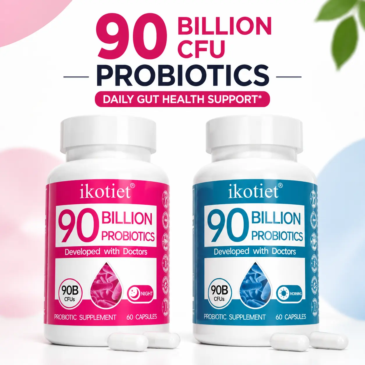 IKOTIET Blueberry Probiotic Supplement, 90B CFU Multi-Strain Capsules with Prebiotics, Gut Support & Digestive Health Formula for Adults, 60 Capsules + Free Trial Pack