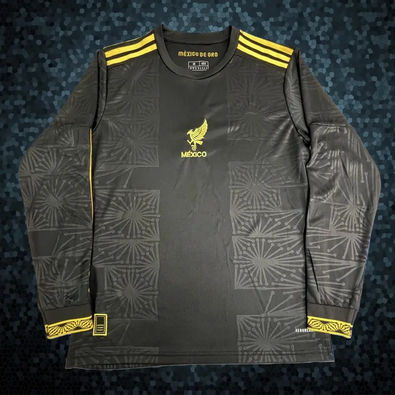 2025 Mexico National Team Home Black and Gold Long Sleeve Soccer Jersey Fans Version