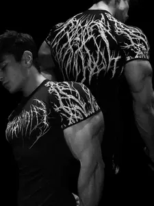 Men's Tight-Fit Short Sleeve T-Shirt, Dark Core Style, Elastic Quick-Dry Fitness Top, Full Print, Ideal for Strength Training & Streetwear
