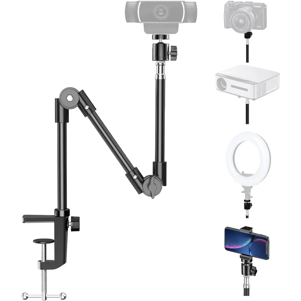 22 Inch Foldable Flexible Gooseneck Webcam Stand with Phone Holder-Camera Mount & Cell Phone Clamp for Table Projector Use, Compatible with Logitech C922 C930e C920S C920 C960 Brio 4K, Gopro Hero 8 7 6 5