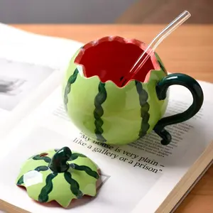 380ML Creative Watermelon Ceramic Straw Cup, Cute Fruit Design Insulated Mug with Lid, Perfect for Juice Tea Ice Cream Cold Drinks
