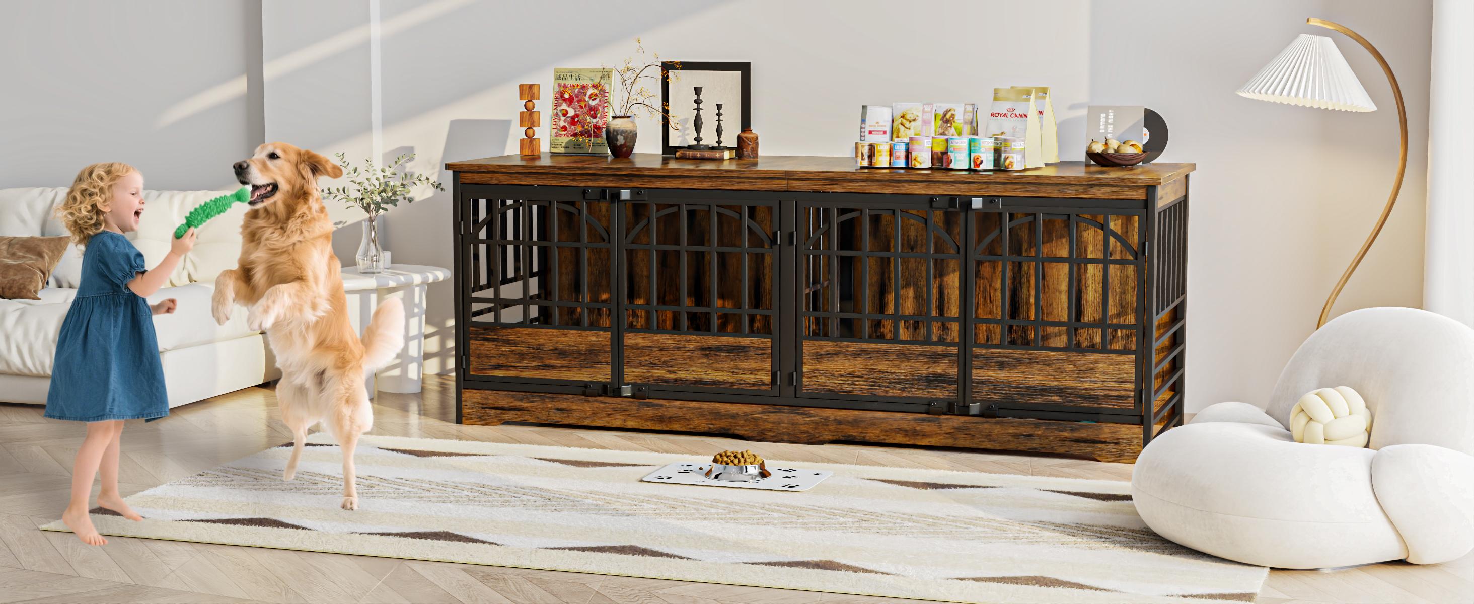 COZPAW 86 Inch Double Dog Crate Furniture for 2 Dogs, Decorative Dog Kennel Indoor TV Stand, Heavy Duty Wooden Dog Cage for Large Medium Dogs Sized Dog Pet House with Divider (Brown)